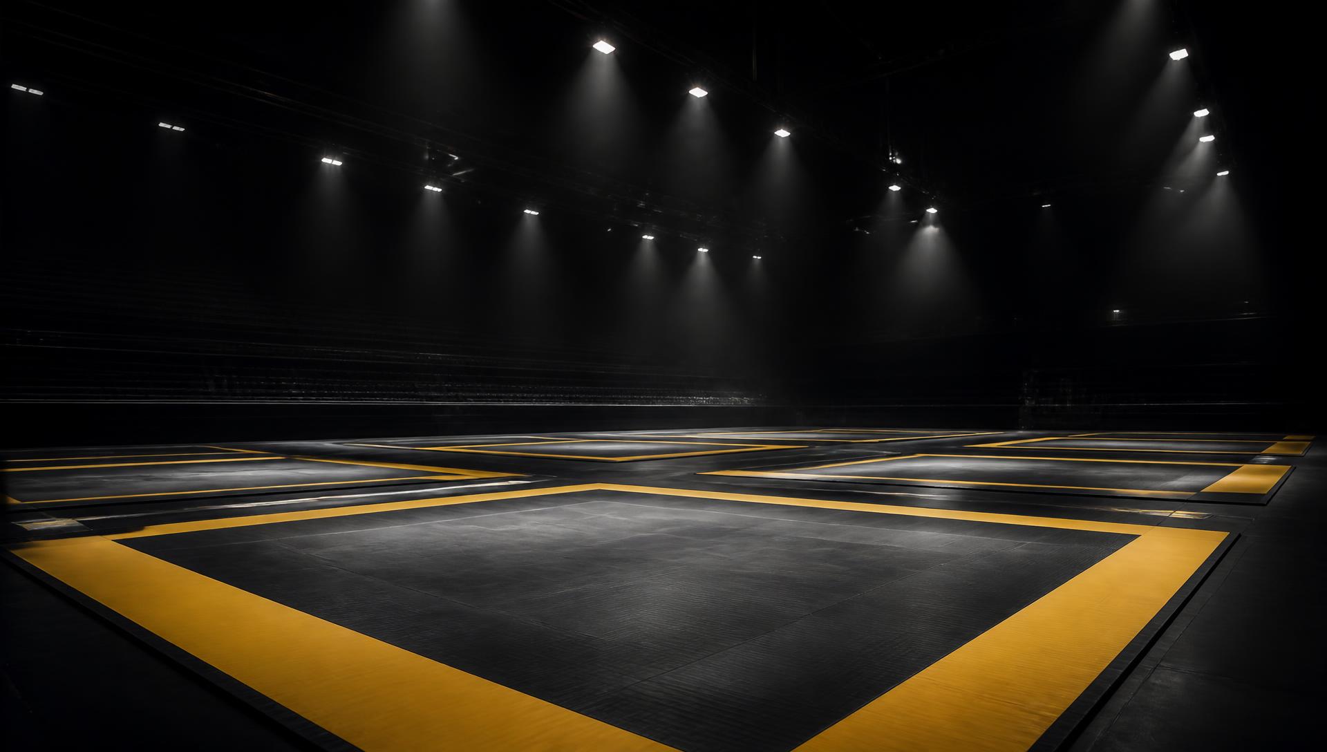 Professional jiu-jitsu competition mats with yellow borders under arena lighting